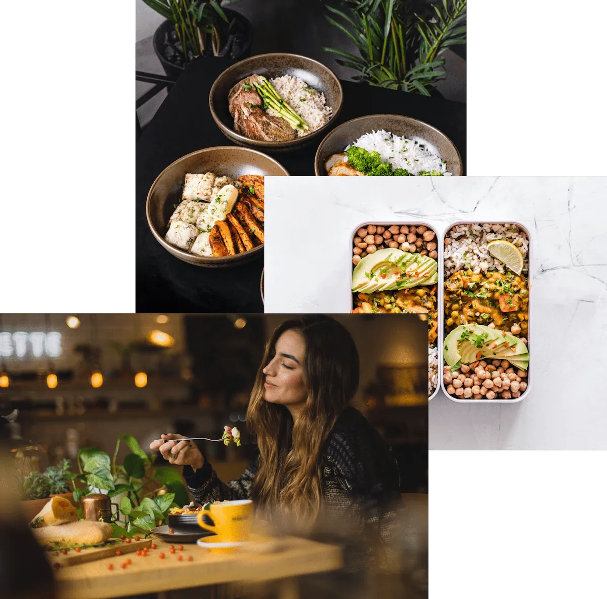 Woman enjoying food, bowls on top of a table